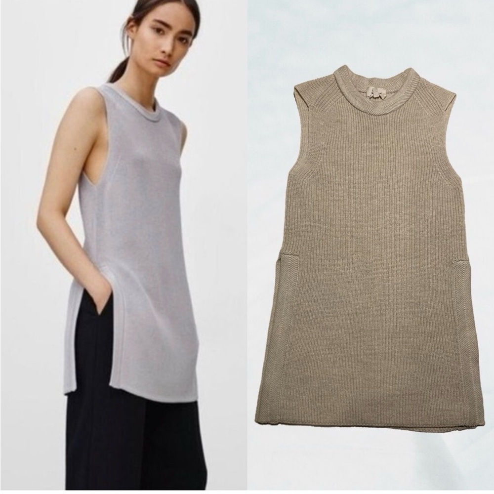 Aritzia Wilfred Sleeveless Palmier Wool Knit Ribbed Tunic Tank in Taupe